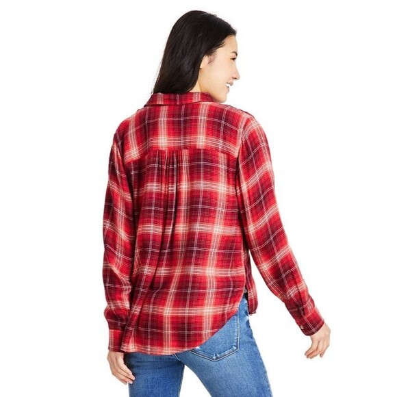 Lucky Brand Women's Cloud Soft Plaid Relaxed Boyfriend Button down Shirt Red XS - Picture 2 of 9